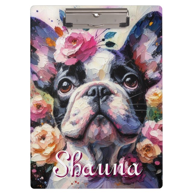 Porte-bloc French Bulldog avec Floral Rose Personnalisé (Devant)