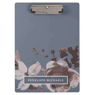 Porte-bloc Fumé bleu et Rose poussiéreux Floral avec nom