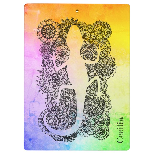 Porte-bloc Gecko est assis sur Mandala Fleurs (Dos)