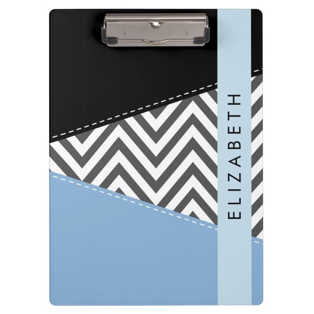 Porte-bloc Grey Zigzag, Grey Chevron, Bleu, Votre Nom (Devant)