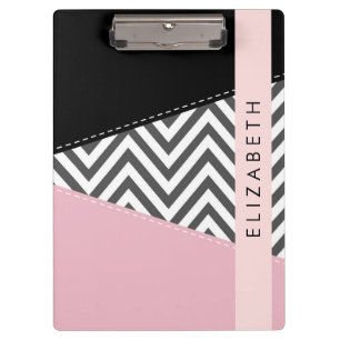 Porte-bloc Grey Zigzag, Grey Chevron, Rose, Votre Nom