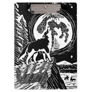 Porte-bloc Husky Howling noir et blanc à Night Linocut