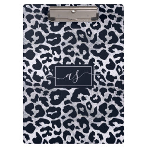 Porte-bloc Imprimé léopard noir argenté stylé avec monogramme