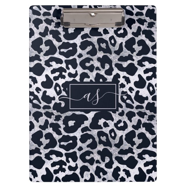 Porte-bloc Imprimé léopard noir argenté stylé avec monogramme (Devant)