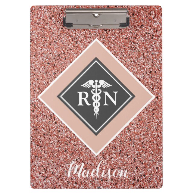 Porte-bloc Infirmière RN Rose Gold Parties scintillant Script (Devant)