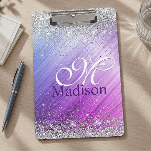 Porte-bloc Joli monogramme pailleté argent faux violet brossé