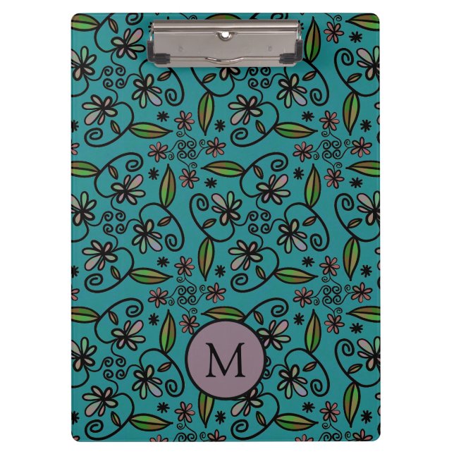 Porte-bloc Joli motif floral sarcelle monogramme (Devant)