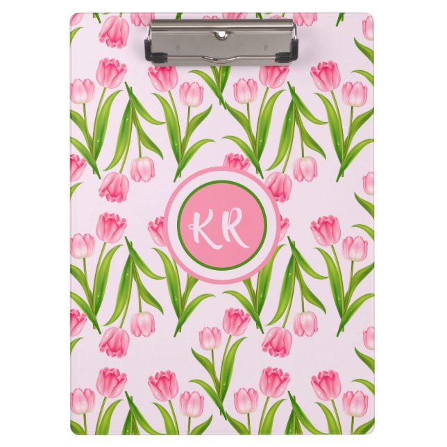 Porte-bloc Joli Tulipe rose Fleurs Florales Feuille Monogramm (Devant)