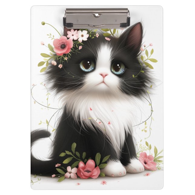 Porte-bloc Jolie Tuxedo Kitten avec Fleurs (Devant)
