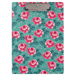 Porte-bloc Jolies roses roses et motif à pois sur sarcelle