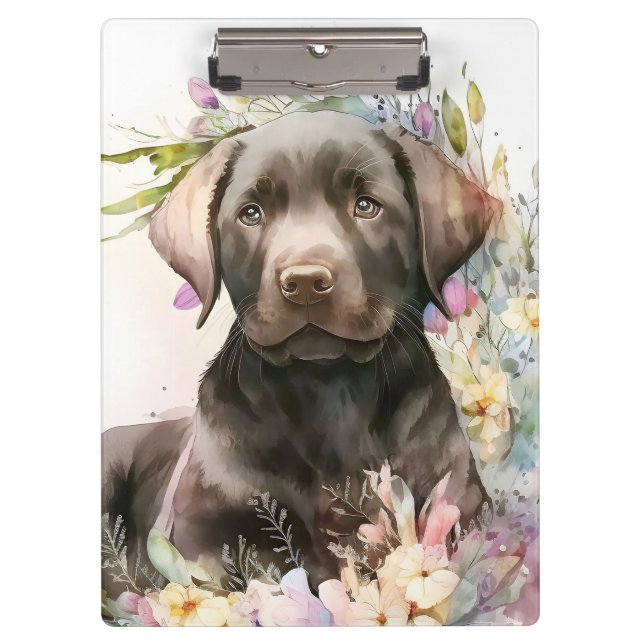 Porte-bloc Labrador Retriever marron et fleurs à l'aquarelle (Devant)
