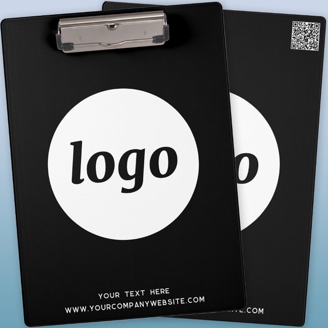 Porte-bloc Logo avec Texte et Code QR Entreprise Noir (Logo QR code and custom text business promotional black clipboard)