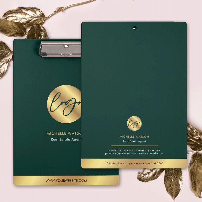 Porte-bloc Logo d'entreprise Emerald Green & Gold Promotionne (Modern business branded clipboard in emerald green and faux gold with your logo and contact details)