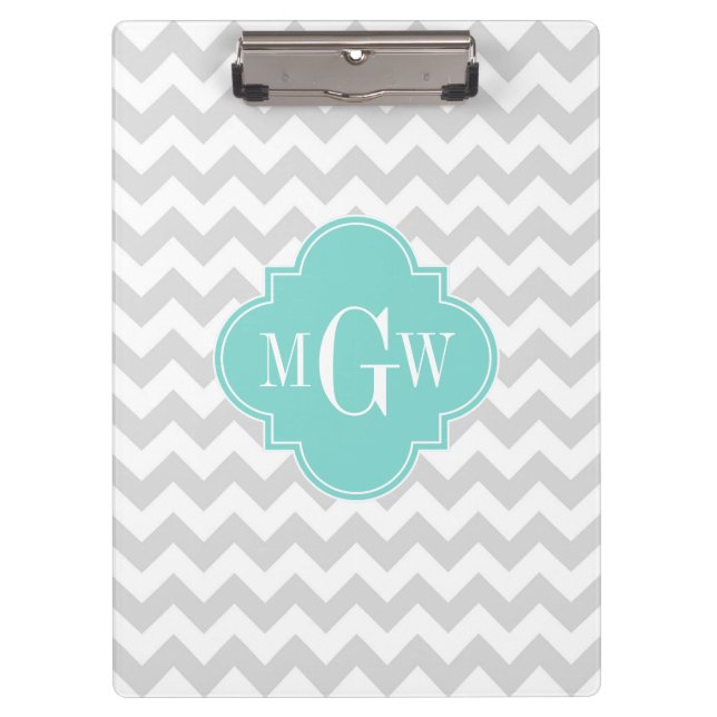 Porte-bloc Lt Grey Blanc Chevron Aqua Quatrefoil 3 Monogramme (Devant)