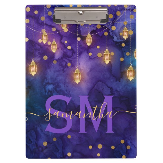 Porte-bloc Lueur de lanterne violette et bleue à monogramme (Devant)