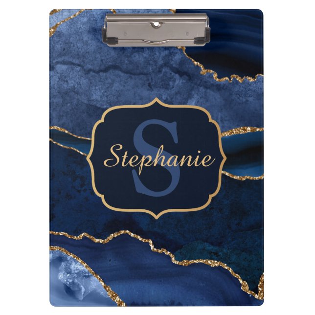 Porte-bloc Marbre Agate Monogramme Bleu Nuit et Paillettes Do (Devant)