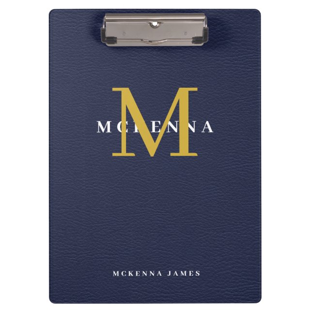 Porte-bloc Marine Bleu Monogramme Or Faux initial Cuir (Devant)