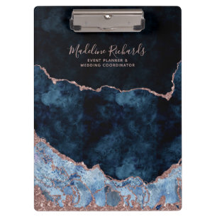 Porte-bloc Marine Blue & Rose Gold Foil Aquarelle Marbre Agat