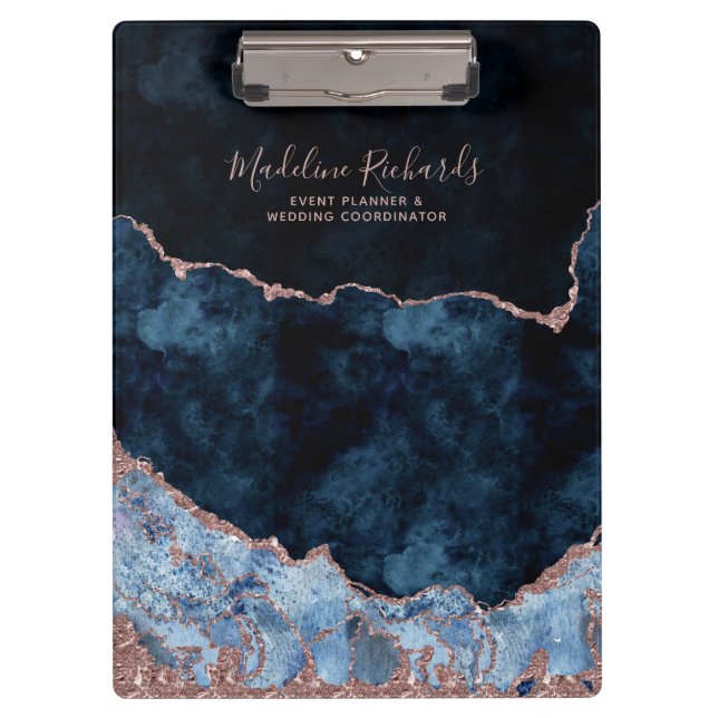 Porte-bloc Marine Blue & Rose Gold Foil Aquarelle Marbre Agat (Devant)