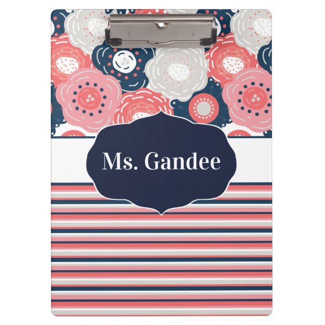 Porte-bloc Marine Coral Floral et Stripes Boho Personnalisé (Devant)