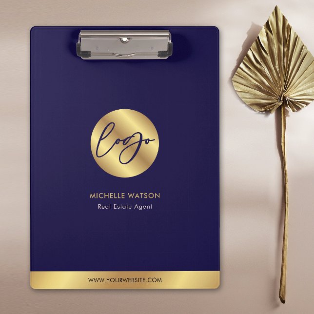 Porte-bloc Marine & Gold Logo Immobilier Affaires (Modern business branded clipboard in navy blue and faux gold with your logo and contact details)