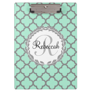 Porte-bloc Mint Green Grey Quatrefoil Nom Monogramme Laurel
