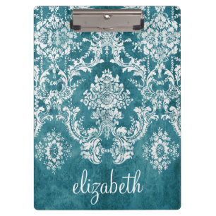 Porte-bloc Modèle de Damas gris turquoise Texte personnalisé