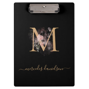 Porte-bloc Moderne Black Gold Blush rose Floral Monogramme