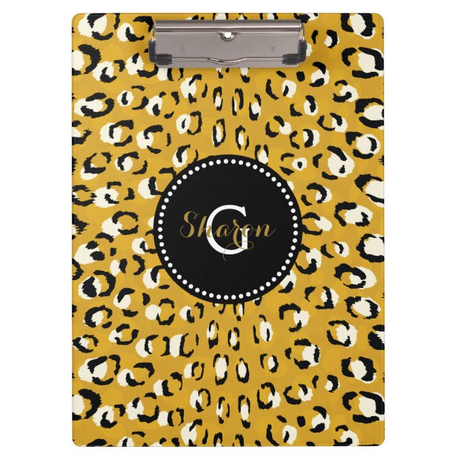 Porte-bloc Moderne chic imprimé guépard doré à monogramme (Devant)