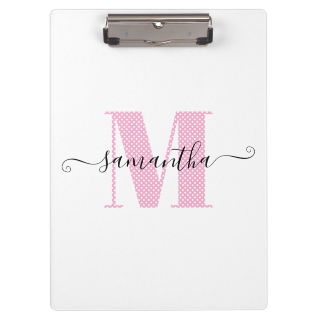Porte-bloc Monogramme à pois rose clair et blanc féminin (Devant)