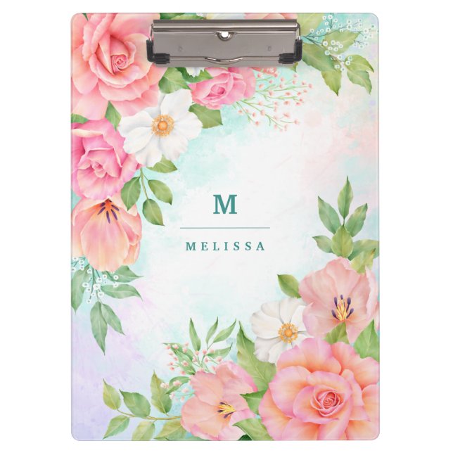 Porte-bloc Monogramme Aquarelle Florale Verdure Rose rose (Devant)