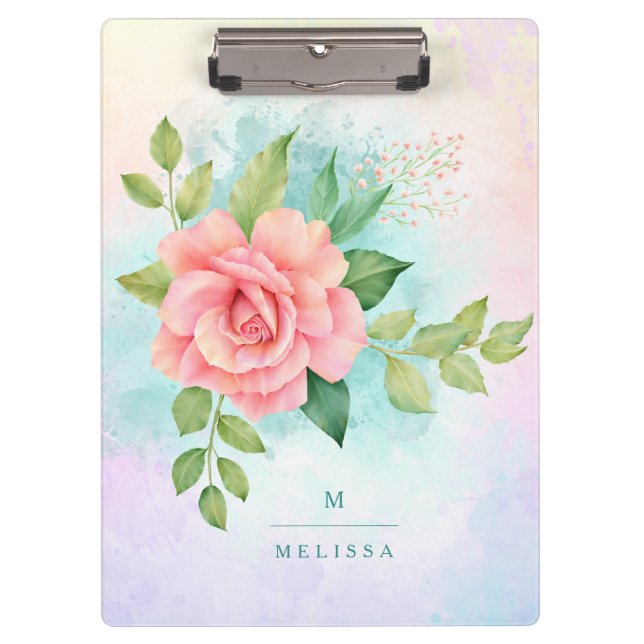 Porte-bloc Monogramme Aquarelle Turquoise Ombre Rose rose (Devant)