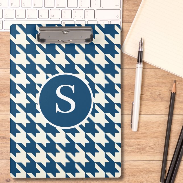 Porte-bloc Monogramme bleu et blanc classique Houndstooth (Créateur téléchargé)