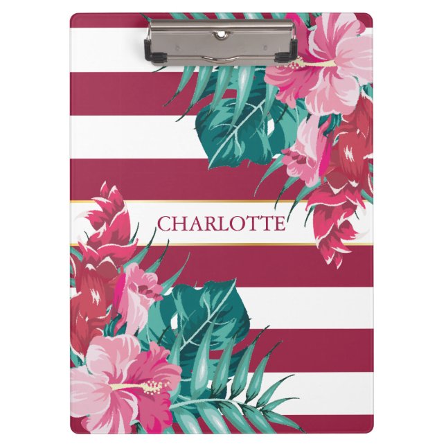 Porte-bloc Monogramme bordeaux exotique Floral rayé (Devant)