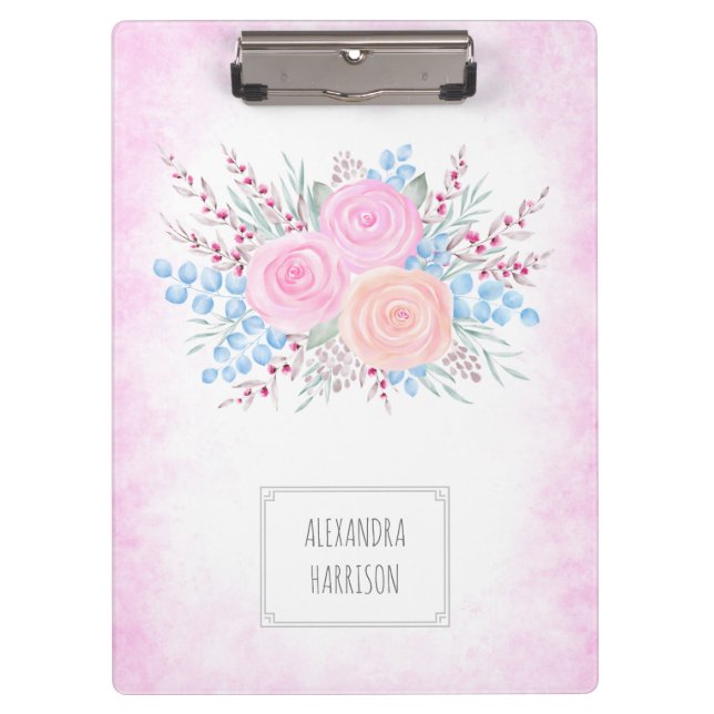 Porte-bloc Monogramme Bouquet d'aquarelle Roses roses Bleues  (Devant)