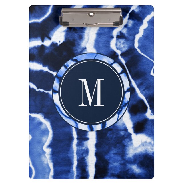 Porte-bloc Monogramme d'aquarelle Indigo Blue Shibori Tie Dye (Devant)
