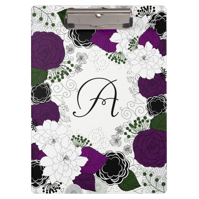 Porte-bloc Monogramme de couronne de fleurs violet et blanc (Devant)