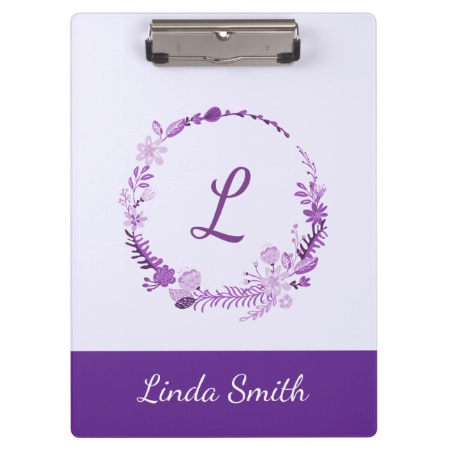 Porte-bloc Monogramme de lettre initiale floral violet élégan (Devant)
