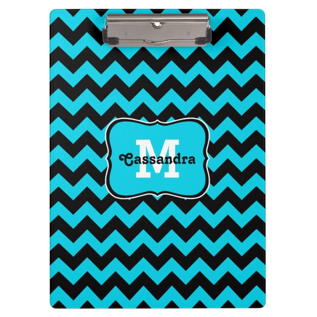 Porte-bloc monogramme de motif de chevron Turquoise et noir (Devant)