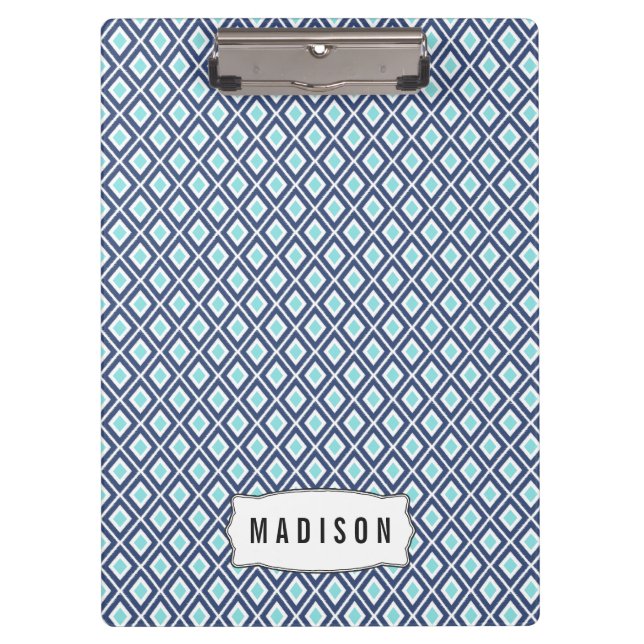 Porte-bloc Monogramme de Motif d'Ikat bleu marine et turquois (Devant)