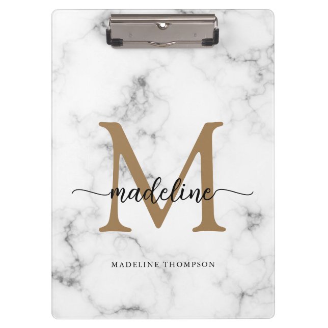 Porte-bloc Monogramme de script féminin or marbre moderne (Devant)