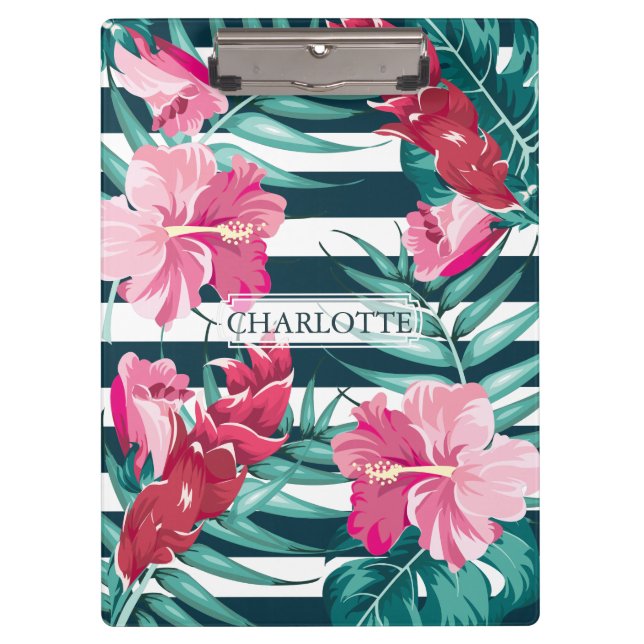 Porte-bloc Monogramme d'été exotique Floral rayé (Devant)