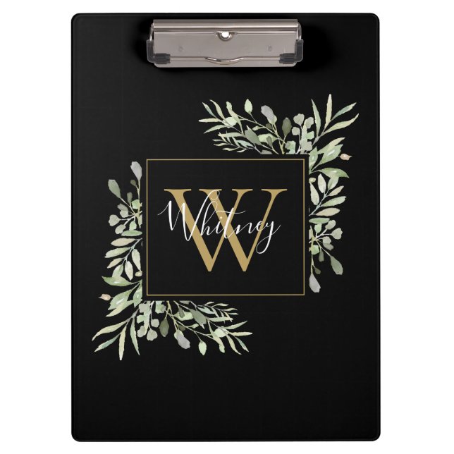Porte-bloc Monogramme d'or noir Vert Floral (Devant)