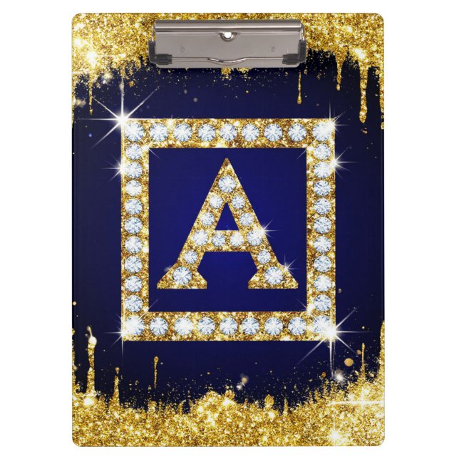 Porte-bloc Monogramme doré initial A avec paillettes bleues (Devant)