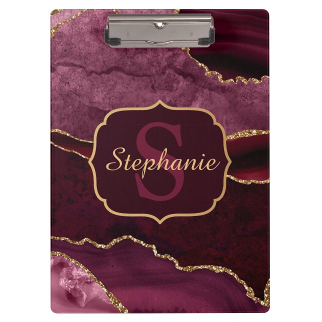 Porte-bloc Monogramme en marbre d'agate rouge Bourgogne et or (Devant)