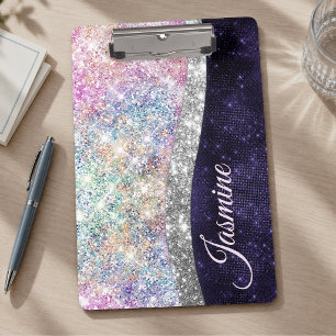 Porte-bloc monogramme faux pailleté argent violet iridescent