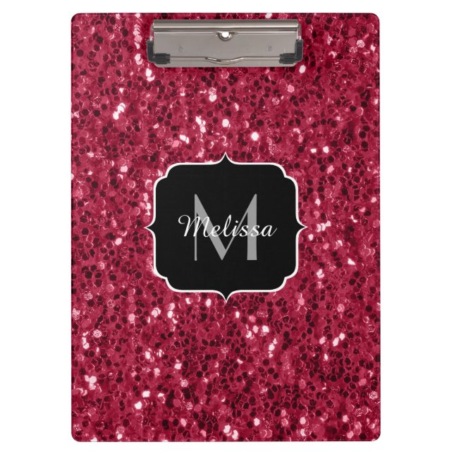 Porte-bloc Monogramme faux scintillements rose rouge magenta  (Devant)