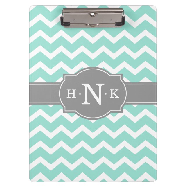 Porte-bloc Monogramme Gris Chevron à la menthe (Devant)