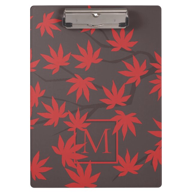 Porte-bloc Monogramme Moderne Feuille d'Érable Rouge Grise (Devant)