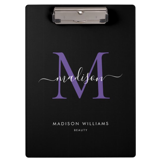 Porte-bloc Monogramme moderne violet noir Nom élégant du scri (Devant)